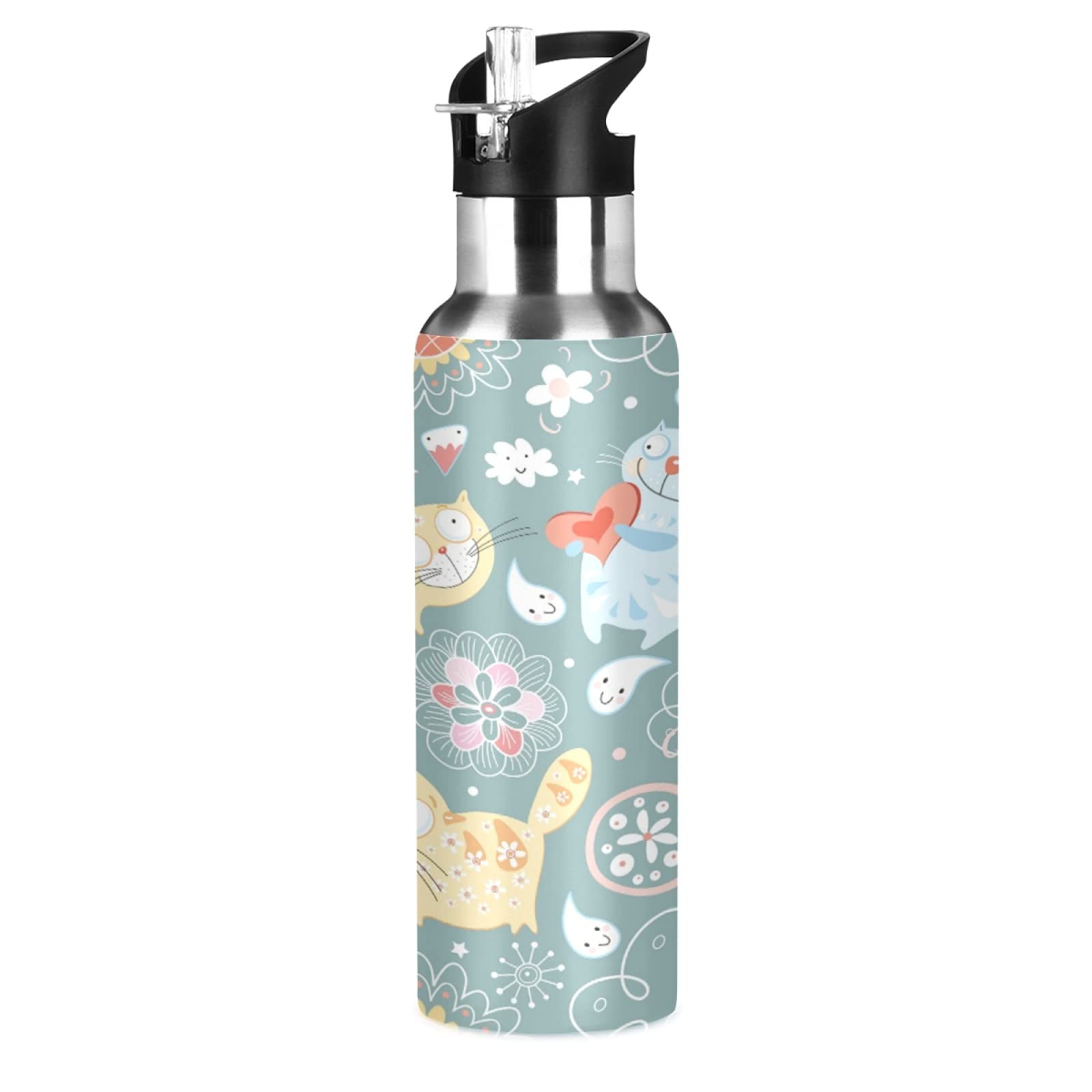 Vnurnrn Cute Baby Fat Cat Animal Insulated Water Bottle with Straw Sport Stainless Steel Vacuum Flask BPA Free Travel Mug
