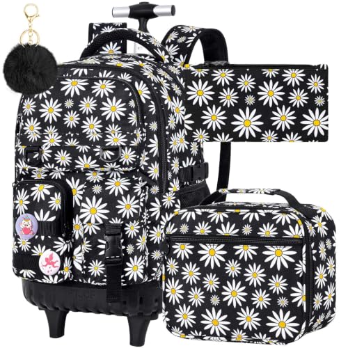Image of CCJPX Rolling Backpack for Girls, 3Pcs Roller Wheeled School Bookbag, Daisy Wheels Backpacks with Lunch Box for Kids (Black)