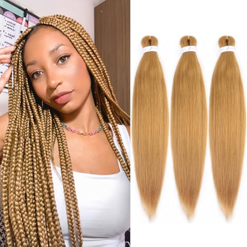 WacanDan Honey Blonde Braiding Hair Pre Stretched 26 Inch 3 Packs 27# Professional Soft Yaki Texture Long Braid Extensions Hot Water Setting for Box Braids Twist & Crochet Braids