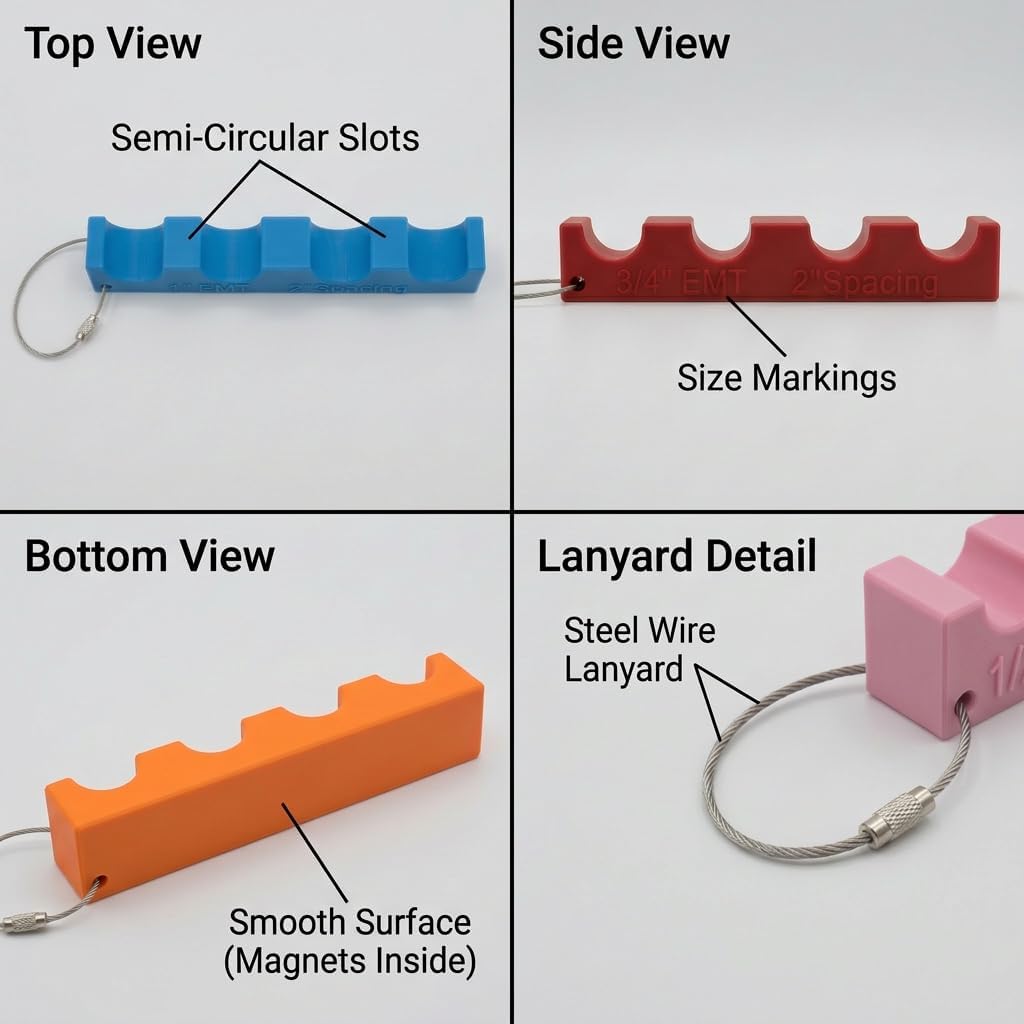 Magnetic EMT Conduit Spacer 4-Piece Set Electrician Pipe Spacing Tool | Color-coded alignment; Fits 1/2 to 1-1/4 inch; 1-3/4, 2, 2-1/2 inch precision; Advanced engineering plastic