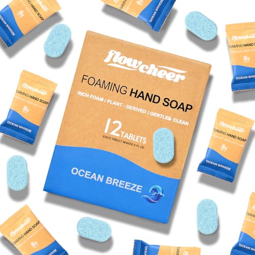 Image of flowcheer Foaming Hand Soap Refill Tablets, 12 Pack Makes 108 fl oz (12 x 9 fl oz Bottles), The Ocean Breeze Scent,Fresh & Clean Handwash, No Plastic Bottle