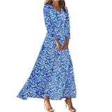 JXKIKOZE Fall Dresses for Women 2025,3/4 Sleeve V Neck Faux Wrap Flowy Fall Fall Long Floral Maxi Dresses;Wedding Guest Dress;3/4 Sleeve Dress for Women,05-Blue X-Large
