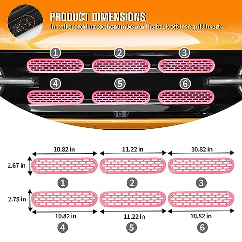 Image of Jimen Compatible with Ford Bronco 2021-2023, 6PCS Front Grille Inserts Mesh Grill Cover Exterior Trim Accessories (Pink)