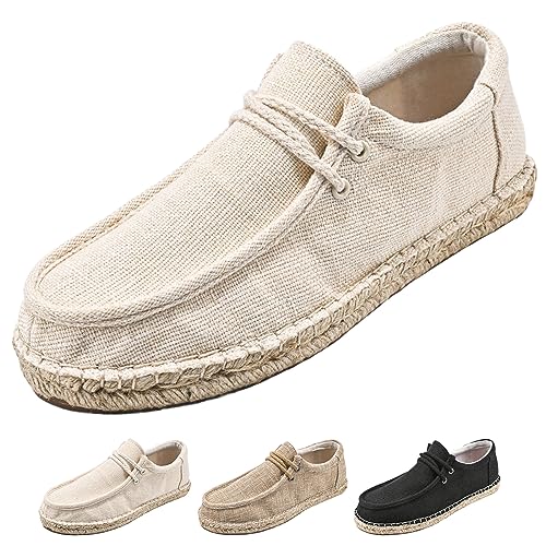 Men's Linen Canvas Loafers,Casual Breathable Slip-On Espadrille Flat Walking Shoes Round Toe Moccasins Boat Shoes