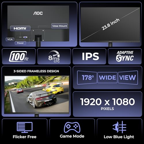 Image of AOC 24B15H3 24 Inch (23.8 inch) Full HD IPS Monitor | 120Hz Refresh Rate | 1ms MPRT | Adaptive Sync | 3-Side Frameless | HDMI & VGA | Low Blue Mode | Flicker-Free | VESA Mount | Black