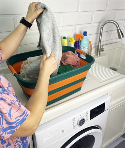 Image of SAMMART Collapsible Plastic Laundry Basket with Handle /Foldable Pop Up Storage Hamper /Portable Laundry Organizer-Space Saving Washing Tub /Household Storage (Teal Green /Autumn leaf, 27L (Set of 2))