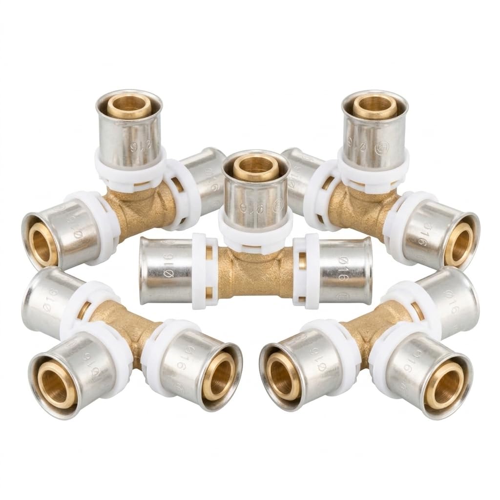 Tee uguale a crimpare multistrato Ø16 mm (profilo TH) – Raccordo di derivazione a 3 vie in ottone e anello in acciaio inox per impianto idraulico, acqua potabile e riscaldamento, confezione da 5