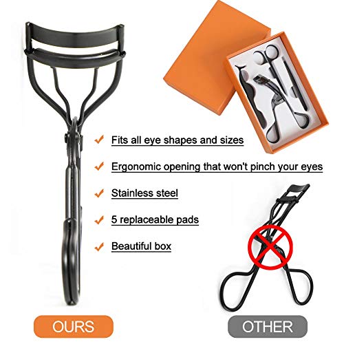 SLYbeauty Professional Eyelash Makeup Tools Set, include Eyelash Curler, False Eyelashes Extension Tweezers, Eyebrow Scissors, Eyelash Applicator Tool, 5 Pieces Black Silicone Refill Pads (Black)