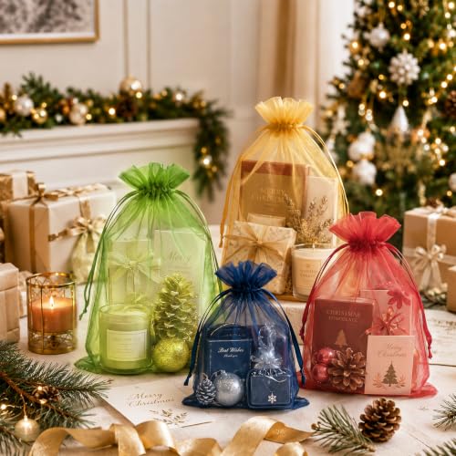 Image of FUNFERY 100Pcs Green Organza Bags 4x6 in,Small Mesh Drawstring Gift Bag