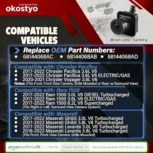 Image of No. 68144068AC Upgraded 360 Front & Rear & Left & Right Reversing Camera | Fit for 2017-2022 Chrysler Pacifica Voyager Ram 1500 Maserati Ghibli Levante Replace#68144068AB 68144068AD