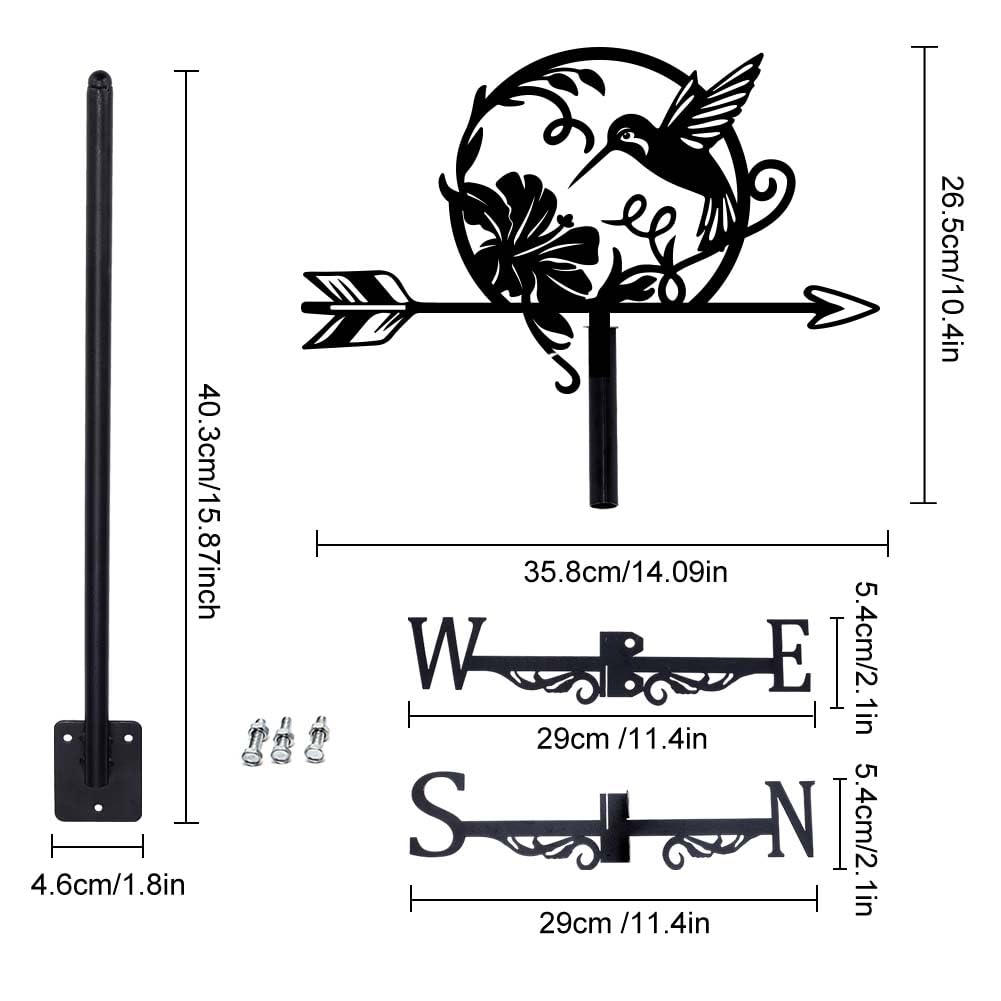 SUPERDANT Girouette de Jardin Exterieur pour Colibri Girouette de Toit en Métal pour Oiseaux et Fleurs Noir Direction du Vent Décoration de Jardin Art Deco Jardin Exterieur