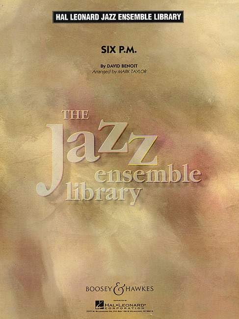 Six P. M.: alto saxophone, tenor saxophone, baritone saxophone, trumpet, trombone, guitar, piano, double bass, percussion, congas drums, vibraphone, flute optional. Partition et parties.