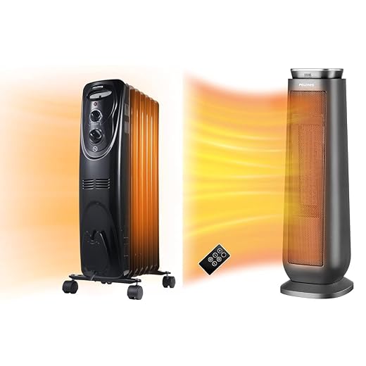 PELONIS PHO15A2AGB, Basic Electric Oil Filled Radiator,black space heater & PTH15A4BGB Ceramic Tower 1500W Indoor Space Heater with Oscillation, Remote Control, Program