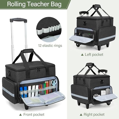 Image of CURMIO Rolling Teacher Tote Bag with Wheels for Teaching, Office, Black | Work Bag for Women, Teacher Uility Tote Bag, Large Capacity