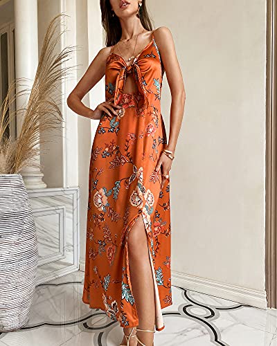 Image of Fashionme Women Spaghetti Strap Midi Satin Dresses Tie Front Backless Slit Cutout Dress Semi-Formal /Casual Flowy Lightweight