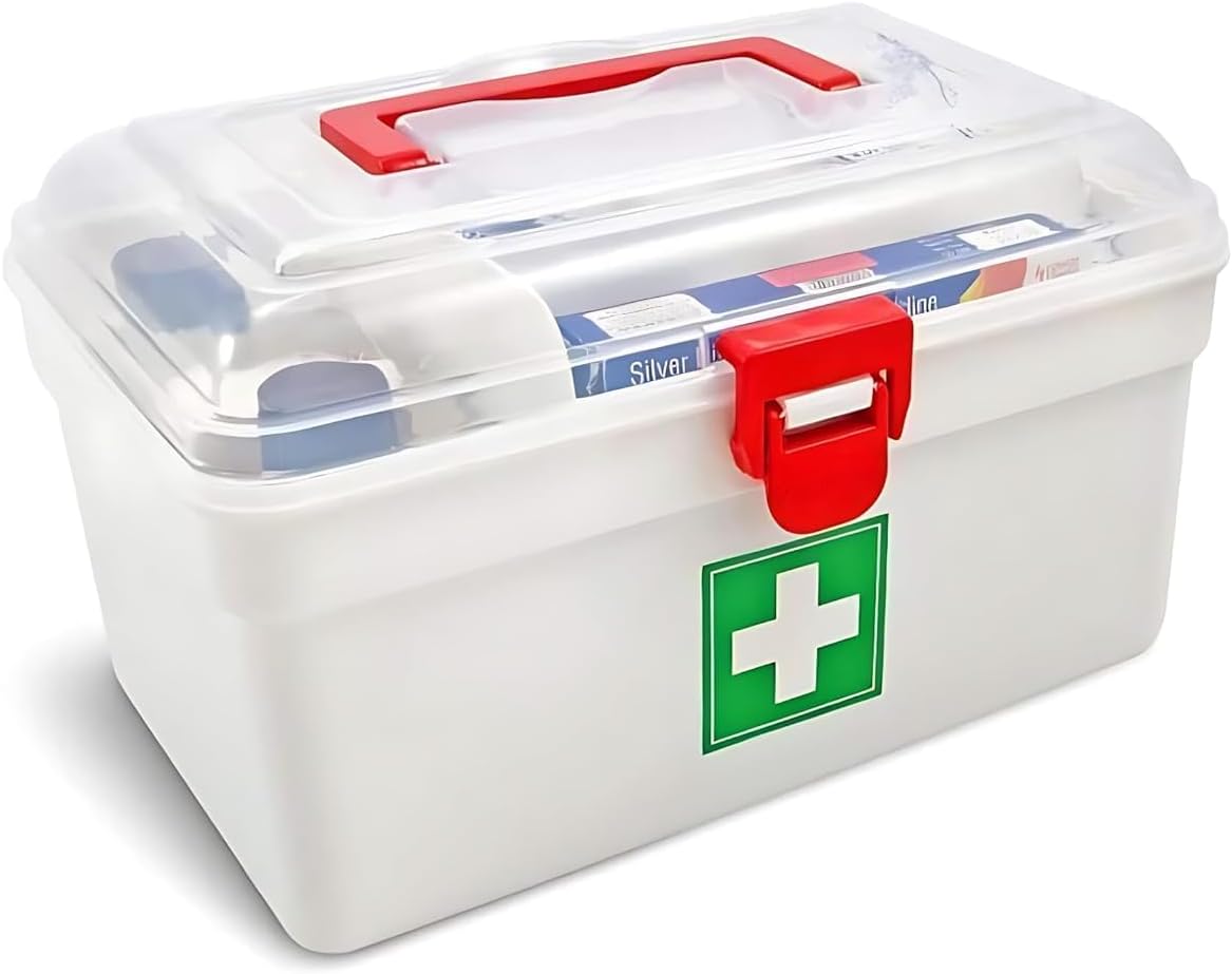 - PRITMJI MartTwo-Tier Medicine Box First Aid Kit Plastic Rectangular Folding Medical Chest Organizer For Makeup Stationer 2 Layers Home First Aid (Multi, Small)