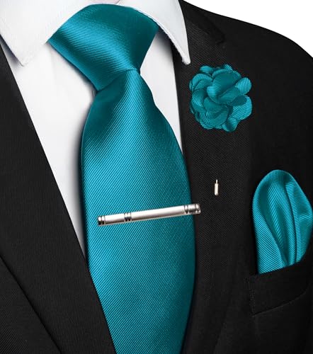Image of JEMYGINS Formal Necktie Solid Color Tie and Pocket Square with Tie Clip Lapel Pin Sets for Men 4PCS
