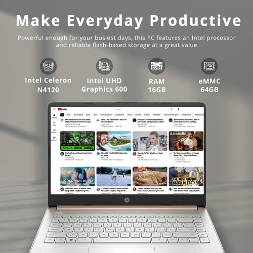 HP Laptop BrightView HD Premium Stream de 14 polegadas, Intel Celeron N4120, 16 GB de RAM, 64 GB de armazenamento eMMC, webcam HD, gráficos UHD, Office 365 de 1 ano, Bluetooth, WiFi, HDMI, Windows 11s