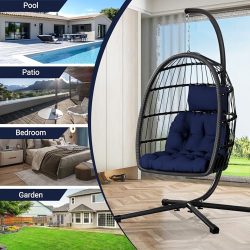Egg Chair with Stand,Patio Rattan Wicker Hanging Swing Egg Chair Hammock Chair for Bedroom Porch Garden,Thickened Aluminum Alloy Steel Frame and UV Resistant Cushion,350LBS Capacity
