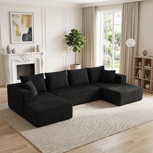 Image of 132 inch Boneless Couches for Living Room, U Shaped Modular Sectional Corduroy Comfy Cloud Memory Foam Deep Seat Boneless Sofa, No Assembly Required Couch for Living Room with Double Chaise, Black
