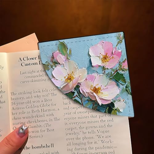 Image of 2Pcs Pink Floral Corner Bookmarks, Handmade PU Leather Page Corner Protectors, Oil Painting Art Stationery Gift for Women, Teachers, Mom, Spring Summer Reading Accessories 3.54 x 3.54