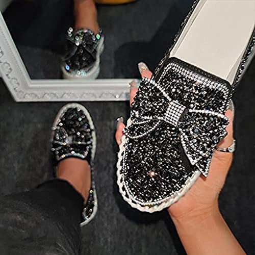 Naisi Women's Rhinestones Glitter Slip On Sneakers Cute Bowknot Platform Walking Loafers Shoes For Girls (Black, Us:6) #TOP1