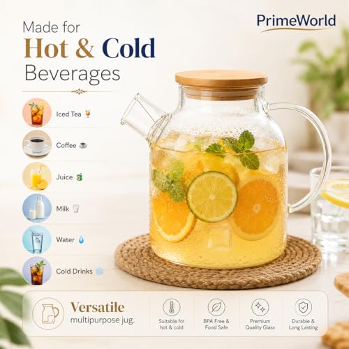 Image of PrimeWorld 1pc 2 Litre Glass Water Jug Wooden Lid, Microwave Safe Glass Borosilicate Teapot with Strainer, Detox Water Bottle Jar for LooseLeaf Maker,Hot /Cold Drink,Iced Tea, Coffee,Juice,Milk