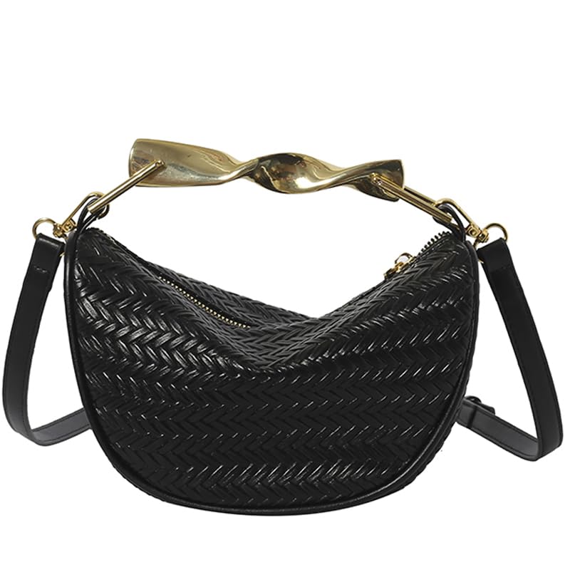 Straw Shoulder Bag Fashion Woven Handbag with Metal Handle for Women (Coffee)