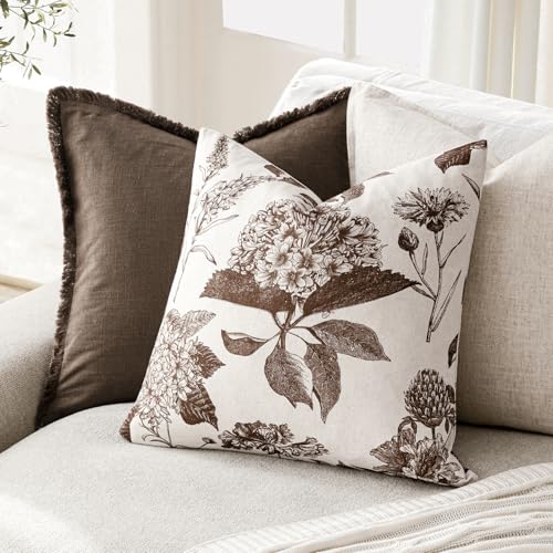 Image of Foindtower Set of 2 Linen Floral Throw Pillow Covers Vintage Accent Print Decorative Cushion Covers Farmhouse Boho Home Decor for Sofa Chair Couch Bedroom Living Room,24x24 Inch,Dark Brown