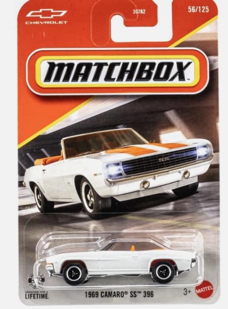 Matchbox 1969 Camaro SS 396 Die Cast Car, Orange & White, 1:64 Scale, Collectible Model, #56/125