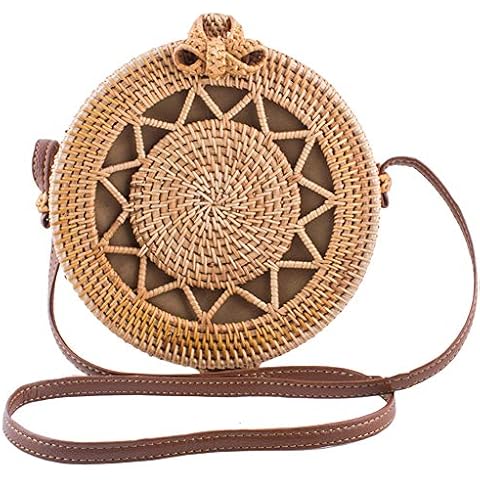 LYCSIX66 Handmade Round Rattan Bag Boho Summer Straw Bag Women Crossbody Purse Cover
