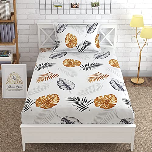 Image of Fitzy 280 TC Fitted bedsheet Single Size, Elastic bedsheet,36x78 inches + 10 inches Drop, with 1 Pillow Cover (White Leaf, 36 inch x 78 inch)