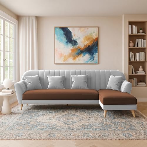 Image of Atticus RHS 6 Seater L Shape Sofa Set for Living Room (Brown Grey Fabric) Premium Fabric Sofa Set