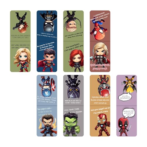 Image of Dia & Tia - 8 Elegant & Durable Superhero Themed Magnetic Bookmarks Set � Nature, Fantasy, Inspirational Quotes, and More | Perfect for Students, and Gift Ideas (Super Heroes, Large - 5x15 cm)