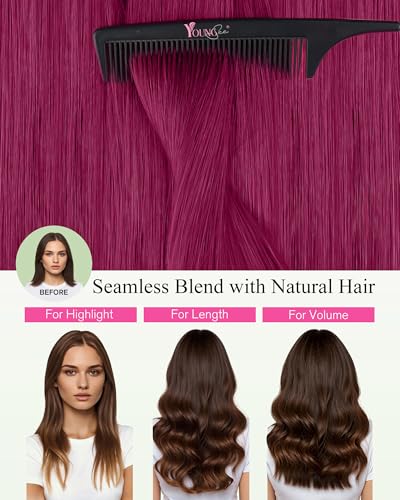 Image of YoungSee Tape in Extensions Colored, Tape in Hair Extensions Human Hair Magenta, Invisible Tape Hair Extension, 18 inch 10pcs 25g, for Prom
