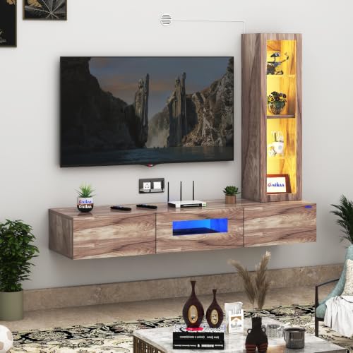 Image of Anikaa Lucen Ultra Modern Wall-Mounted TV Unit with Storage Cabinet and Light |3 Flip-Down Storage Doors Acrylic Shelves & Engineered Wood Construction | Fits Up to 55 Inch TV | Coachwood Finish | DIY