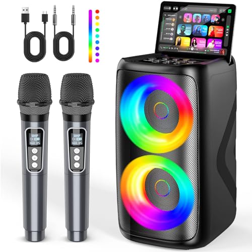 Karaoke Machine 2 Microphones TWS LED Vocal Removal USB/TF/AUX 8H Battery