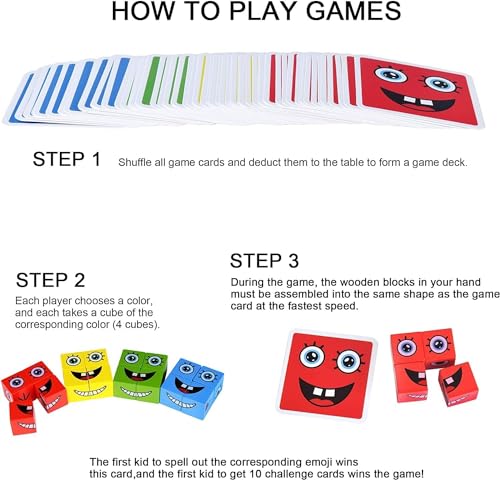 Image of PLUSPOINT Wooden Emoji Face Changing Cube Puzzle Game Expressions Matching Block Puzzles Building Logical Educational Training Toys 16 Face Blocks & 72 Playing Cards Birthday Gift for Kids Boys Girls