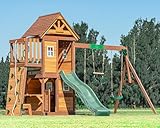 DOLPHIN PLAYGROUND T Schaukel-Set mit Rutsche, 2 Schaukeln, Trapezstange, Kletterwand & Spielhaus mit Spielküche und Holzdach – Outdoor-Spielgerät aus Zedernholz für Kinder ab 3 Jahren