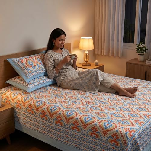 Image of Mafatlal 144 TC Heritage Queen Size Bedsheet | (90x108 inches) 100% Cotton Flatsheet Double Size with Two Pillow Covers| Super Soft Bed Sheet | Floral Design | Printed Fusion