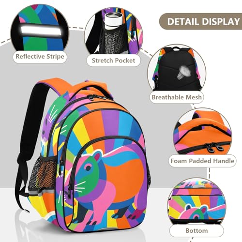 Kids Backpack with Whistle Strap & Reflective Strips Colorful Capybara Schoolbag for Ages 3-84