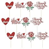 12pcs Valentine's Day Cupcake Toppers, Red Glitter Valentine's Day Cake Decorations Be Mine Love Heart Rose Happy Valentines Day Cupcake Topper Perfect Decorations for Wedding Valentine's Day