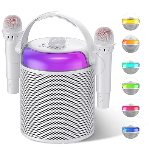 GJCrafts Karaoke Bluetooth con Luz LED, Sistema de Karaoke Portátil con 2 Micrófonos Inalámbricos y Empuñadura, Sistema de Sonido de Altavoz de Karaoke Cilíndrico para Fiestas y Presentaciones(Blanco)