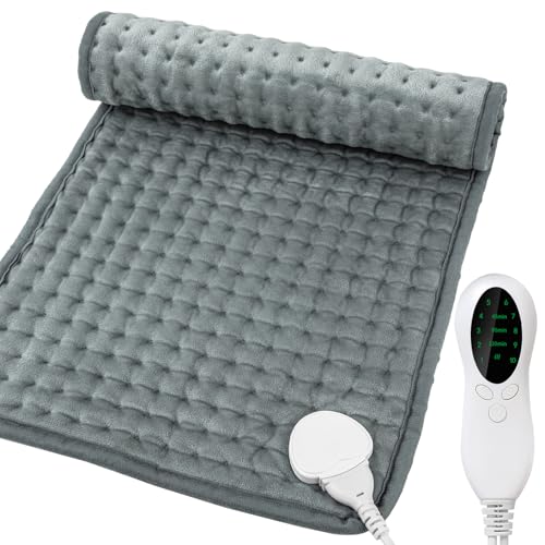 Uplayteck Termoforo Elettrico, Cuscinetto Riscaldante per Schiena con 10 Impostazioni di Calore, 3 Timer, Termico per Schiena Collo Spalla Stomaco, Compleanno, Natale, Anniversario, Grigio, 30x60cm