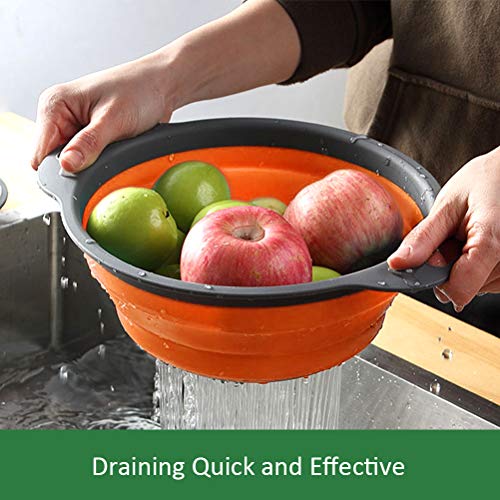 Collapsible Colander Set of 3 - Silicone Kitchen Strainers with Plastic Handles - 4 Quart & 2 Quart Sink Colander for Draining Pasta, Vegetables, Fruits (Green, Orange, Red) - Image 5