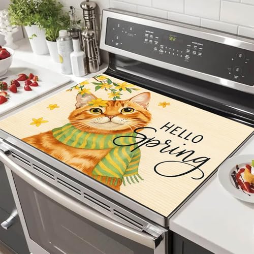 Image of HOMETITUTE Spring Cat Stove Top Covers for Electric Stove 28x20 Inches Heat Resistant Glass Cooktop Protector Pad Decorative Stovetop Cover Dish Drying Mats for Kitchen Countertop Coffee Bar Decor