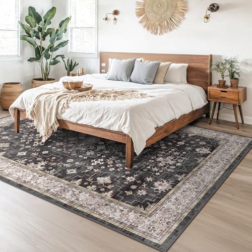 Image of Black Farmhouse Washable 8x10 Area Rugs for Living Room, Bedroom, Dining Room Kitchen Table Rug for Under Table, Office, Dark Charcoal Tumble Stain Resistant Non-Slip Large Washable (8x10 Black /Multi)