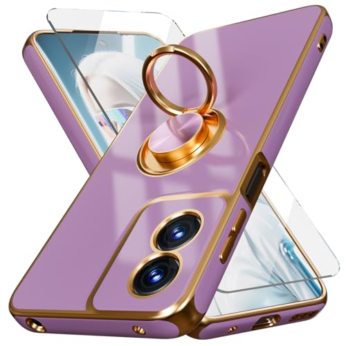 for Moto G Play 2024 Case,+Screen Protector,with Magnetic Kickstand,Built-in 360° Rotation Ring Holder,Plating Gold Edge Slim Soft TPU Shockproof Protective Case for Motorola G Play 2024 (Purple)