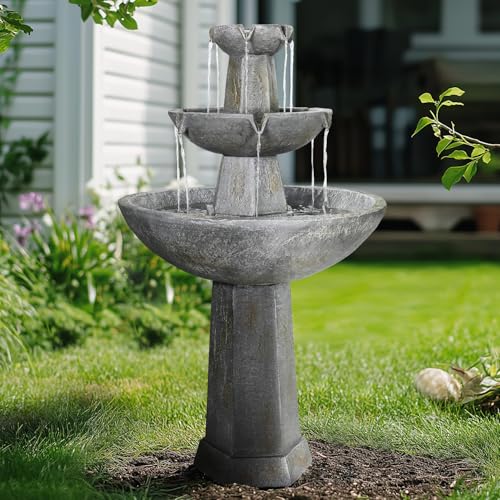 Image of SunJet 43.3 inch High 3-Tiers Modern Concrete Outdoor Water Fountain - Round Large Outdoor Fountains and Waterfalls for Garden, Patio, Yard, and Deck Decor, Featuring Natural Stone Look(43.3inch,Grey)