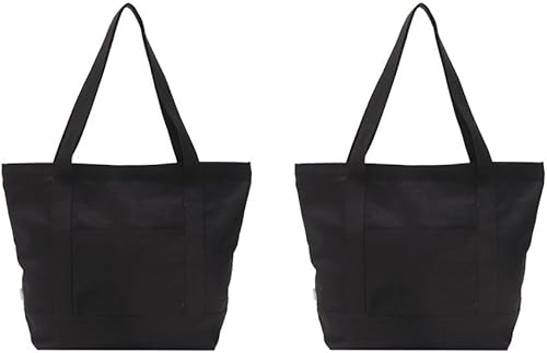 Bolsa de lona 100% algodón resistente con cremallera para playa y hombro con bolsillo exterior, paquete de 2